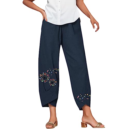 Sommerhosen Damen 7/8 Leinenhose Weite Beine Hose Loose Fit Elastischem Bund Sommer Mit Leichte Haremshose Einfarbig mit Taschen Schmetterling Pusteblume Drucken von POIUIYQA