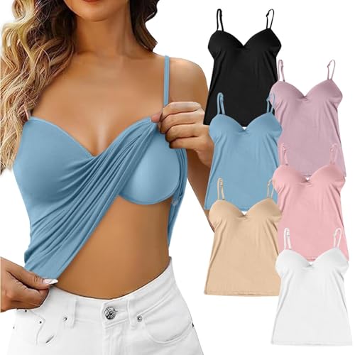 Top Damen Schwarz Baumwolle Unterhemden Lang Top mit integriertem BH Verstellbare breitere Träger Camisole Basic Tanktops von POIUIYQA