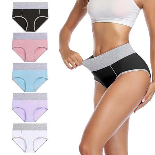 Unterhosen Damen, 5er Pack Stretch Baumwolle Hohe Taille Slips Damen Atmungsaktiv Panties Weich Frauen Unterwäsche 5er Pack Hohe Taille Slips Baumwolle Unterwäsche, Stretch Atmungsaktiv Panties Weich von POIUIYQA