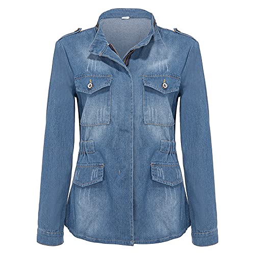 Jeansjacke Damen,Damen Stehkragen Jeansjacke Blau Reißverschluss Tunika Mit Tasche Modische Übergangsjacke Langarm Jeansjacke Knopftaschen Vintage Parka Jacke Mantel Für Herbst Frühling,M von POJE