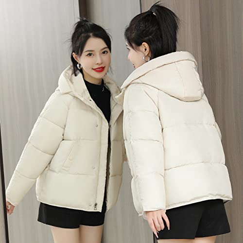 POJE Jacke Damen Winter,Damen-Steppjacke Mit Kapuze, Beige, Weiß, Solide, Mit Reißverschluss, Druckknopftasche, Kurz, Winter, Verdicken, Warm, Winddicht, Mit Baumwolle Gefüttert, Parka-Kleidung Für D von POJE