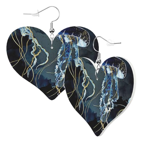 1 Paar Leder-Ohrring für Damen, blaue und goldene Quallen-Druck-Ohrringhaken, geeignet für Party, Alltag, Einheitsgröße 1 Paar Leder-Ohrring für Damen, blaue und goldene Quallen-Druck-Ohrringhaken, geeignet für Party, Alltag, Einheitsgröße von POKIKKJH