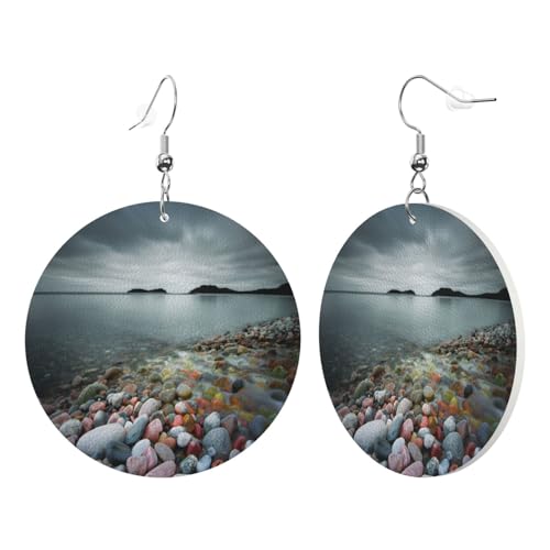 1 Paar runde Leder-Ohrring für Damen, Strandstein-Druck, Leder-Ohrringhaken, geeignet für Party, Alltag von POKIKKJH