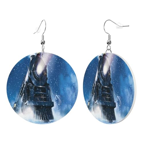 1 Paar runde Leder-Ohrring für Damen, Winter, Weihnachten, Schnee, Nacht, Eisenbahn, Zug, Druck, Leder-Ohrringhaken, geeignet für Party, Alltag von POKIKKJH