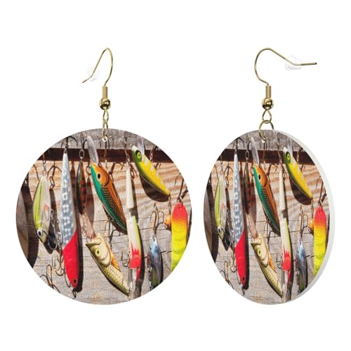 1 Paar runde Leder-Ohrringe für Damen, Angelköder, Druck-Leder-Ohrringhaken, geeignet für Party, Alltag von POKIKKJH