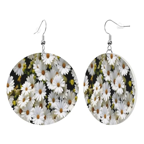 1 Paar runde Leder-Ohrringe für Damen, Gänseblümchen-Druck, Leder-Ohrringhaken, geeignet für Party, Alltag von POKIKKJH