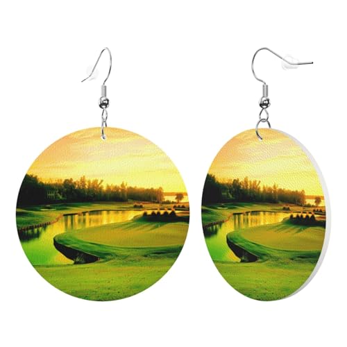 1 Paar runde Leder-Ohrringe für Damen, Golfplatz-Druck, Leder-Ohrringhaken, geeignet für Party, Alltag von POKIKKJH