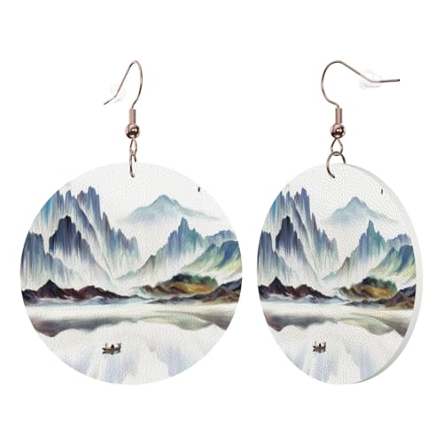 1 Paar runde Leder-Ohrringe für Damen, Landschaftsmalerei, Druck, Leder-Ohrringhaken, geeignet für Partys und den Alltag von POKIKKJH