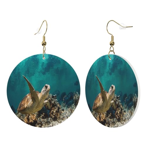 1 Paar runde Leder-Ohrringe für Damen, Meeresschildkröten-Druck, Leder-Ohrringhaken, geeignet für Party, Alltag von POKIKKJH