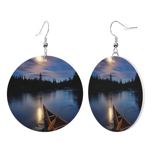 1 Paar runde Leder-Ohrringe für Damen, Mondschein, Flussdruck, Leder-Ohrringhaken, geeignet für Party, Alltag von POKIKKJH