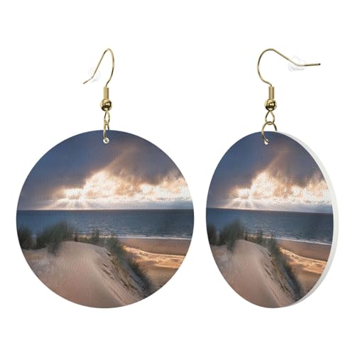 1 Paar runde Leder-Ohrringe für Damen, Stranddünen-Druck, Leder-Ohrringhaken, geeignet für Partys und den Alltag von POKIKKJH