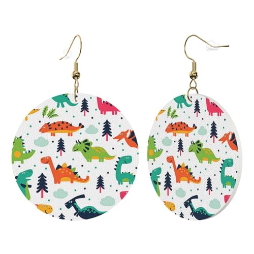 1 Paar runde Leder-Ohrringe für Damen, bunte Dinosaurier-Druck, Leder-Ohrringhaken, geeignet für Partys und den Alltag, Einheitsgröße von POKIKKJH