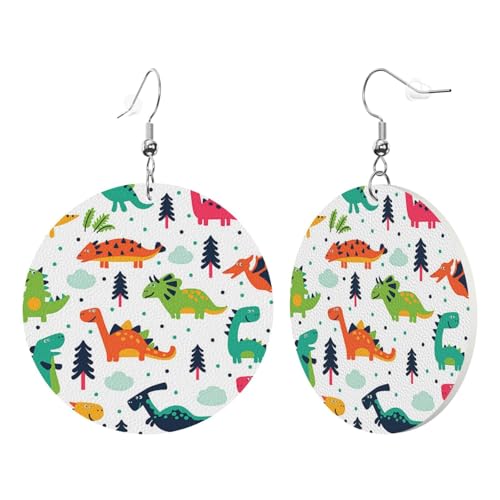 1 Paar runde Leder-Ohrringe für Damen, bunte Dinosaurier-Druck, Leder-Ohrringhaken, geeignet für Partys und den Alltag, Einheitsgröße von POKIKKJH