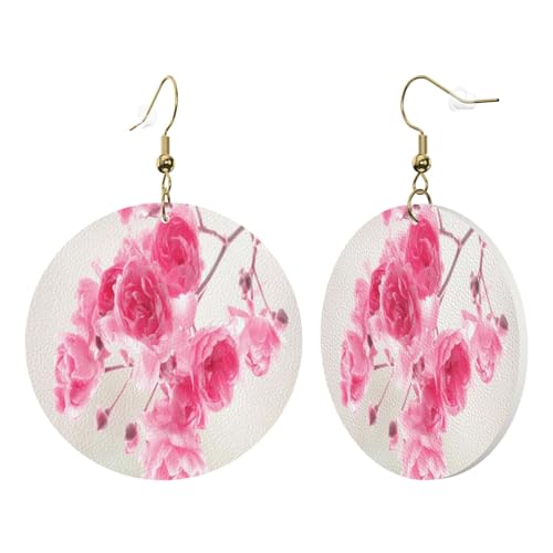 1 Paar runde Leder-Ohrringe für Damen, rosa Blumendruck, Leder-Ohrringhaken, geeignet für Party, Alltag von POKIKKJH