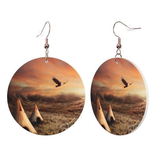 1 Paar runde Leder-Ohrringe für Frauen, Indianerstämme, bedruckt, Leder-Ohrringhaken, geeignet für Party, Alltag von POKIKKJH