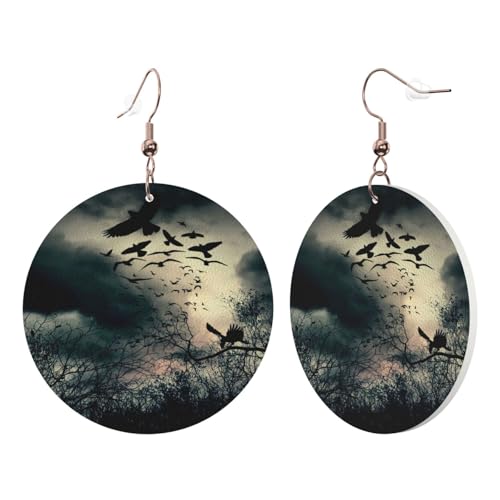 1 Paar runde Leder-Ohrringe für Frauen, Nachtkrähen-Druck, Leder-Ohrringhaken, geeignet für Partys und den Alltag von POKIKKJH
