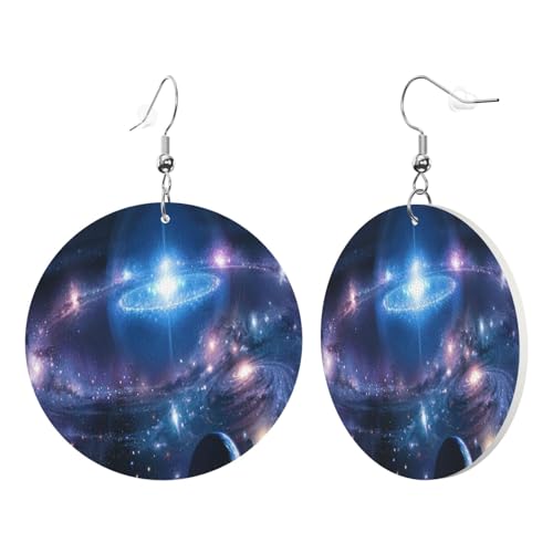 1 Paar runde Leder-Ohrringe für Frauen, Weltraumplaneten, bedruckter Leder-Ohrringhaken, geeignet für Party, Alltag von POKIKKJH