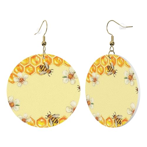 1 Paar runde Leder-Ohrringe für Frauen mit Blumendruck, Leder-Ohrringhaken, geeignet für Party, Alltag, Einheitsgröße von POKIKKJH