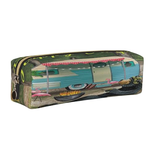 Federmäppchen aus Leder, Motiv: Happy Camper, mit Reißverschluss, für Arbeit, Büro, für Männer und Frauen, gold, Einheitsgröße, Kulturbeutel von POKIKKJH