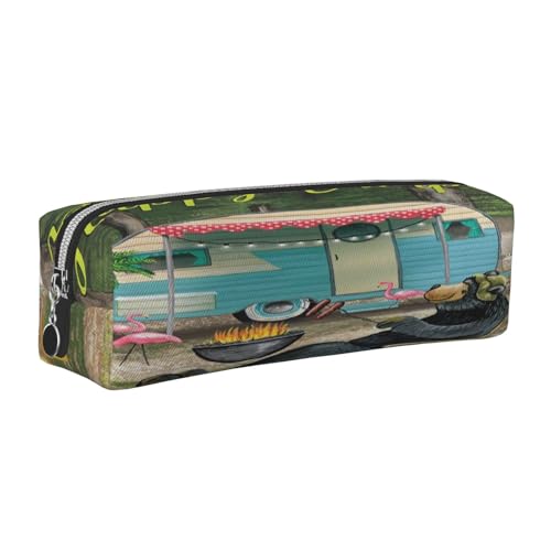 Federmäppchen aus Leder, Motiv: Happy Camper, mit Reißverschluss, für Arbeit, Büro, für Männer und Frauen, silber, Einheitsgröße, Kulturbeutel von POKIKKJH