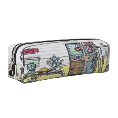 Federmäppchen aus Leder, Motiv: Happy Campers, mit Reißverschluss, für Arbeit, Büro, für Männer und Frauen, silber, Einheitsgröße, Kulturbeutel von POKIKKJH