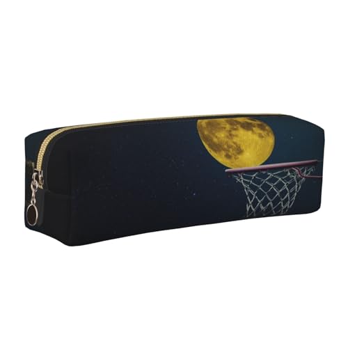 Federmäppchen aus Leder, Motiv: Mond und Basketball, mit Reißverschluss, für Arbeit, Büro, für Männer und Frauen, gold, Einheitsgröße, Kulturbeutel von POKIKKJH