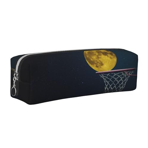 Federmäppchen aus Leder, Motiv: Mond und Basketball, mit Reißverschluss, für Arbeit, Büro, für Männer und Frauen, silber, Einheitsgröße, Kulturbeutel von POKIKKJH