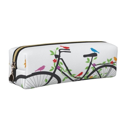 Federmäppchen aus Leder, Motiv: Vögel, Blumen auf Fahrrädern, mit Reißverschluss, für Arbeit, Büro, für Männer und Frauen, gold, Einheitsgröße, Kulturbeutel von POKIKKJH