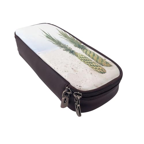Federmäppchen aus Leder, großes Fassungsvermögen, Ananas-Malerei, Doppelreißverschluss, Flip-Top-Stiftetui von POKIKKJH