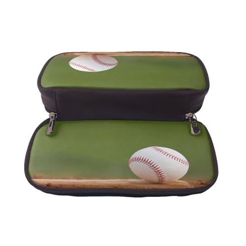 Federmäppchen aus Leder, großes Fassungsvermögen, Baseball-Druck, Doppelreißverschluss, Flip-Top-Stiftetui von POKIKKJH