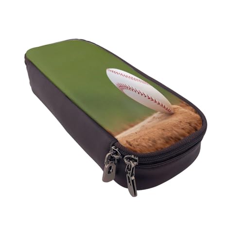 Federmäppchen aus Leder, großes Fassungsvermögen, Baseball-Druck, Doppelreißverschluss, Flip-Top-Stiftetui von POKIKKJH