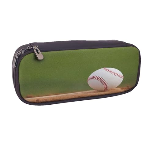 Federmäppchen aus Leder, großes Fassungsvermögen, Baseball-Druck, Doppelreißverschluss, Flip-Top-Stiftetui von POKIKKJH