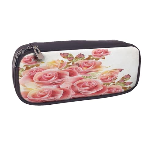 Federmäppchen aus Leder, großes Fassungsvermögen, Bleistifttasche, Blumendruck, Doppelreißverschluss, Flip-Top-Stiftetui von POKIKKJH