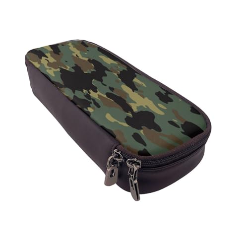 Federmäppchen aus Leder, großes Fassungsvermögen, Camouflage-Muster, Doppelreißverschluss, Flip-Top-Stiftetui von POKIKKJH
