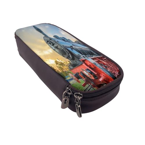 Federmäppchen aus Leder, großes Fassungsvermögen, Dampfzug, Doppelreißverschluss, Flip-Top-Stiftetui von POKIKKJH