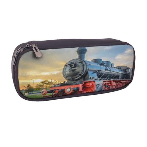 Federmäppchen aus Leder, großes Fassungsvermögen, Dampfzug, Doppelreißverschluss, Flip-Top-Stiftetui von POKIKKJH