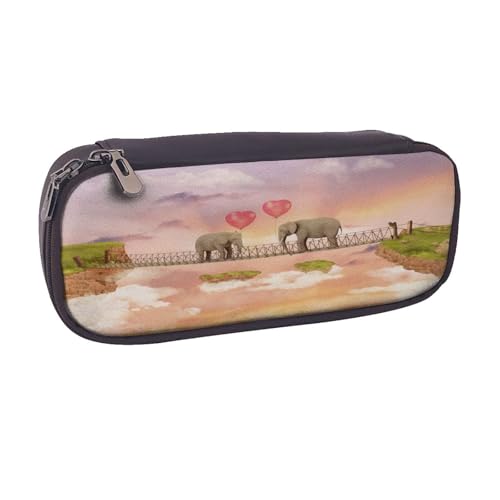 Federmäppchen aus Leder, großes Fassungsvermögen, Elefant auf einer Brücke, Doppelreißverschluss, Flip-Top-Stiftetui von POKIKKJH