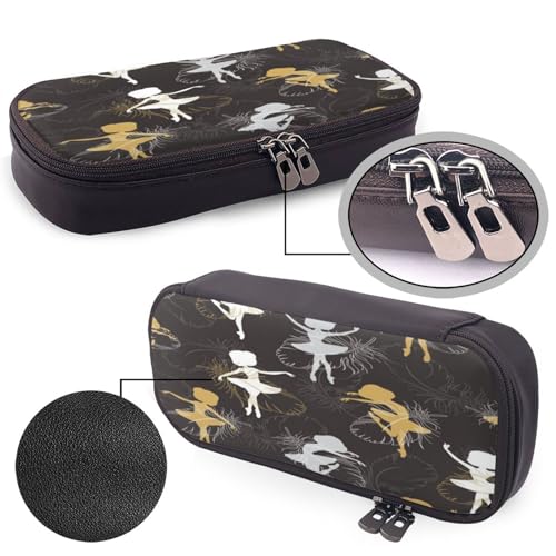 Federmäppchen aus Leder, großes Fassungsvermögen, Feder-Druck, Doppelreißverschluss, Flip-Top-Stiftetui von POKIKKJH