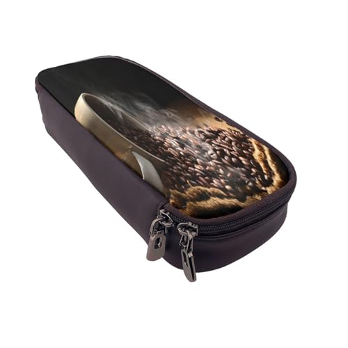 Federmäppchen aus Leder, großes Fassungsvermögen, Federmäppchen, Kaffeebohnen, Doppelreißverschluss, Flip-Top-Stiftetui von POKIKKJH