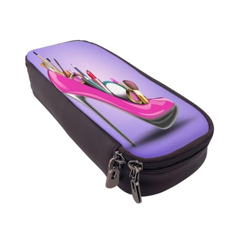 Federmäppchen aus Leder, großes Fassungsvermögen, Federmäppchen, Schuhe und Make-up, Doppelreißverschluss, Flip-Top-Stiftetui von POKIKKJH