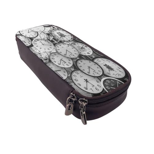 Federmäppchen aus Leder, großes Fassungsvermögen, Federmäppchen, Uhr-Kunstdruck, Doppelreißverschluss, Flip-Top-Stiftetui Federmäppchen aus Leder, großes Fassungsvermögen, Federmäppchen, Uhr-Kunstdruck, Doppelreißverschluss, Flip-Top-Stiftetui von POKIKKJH