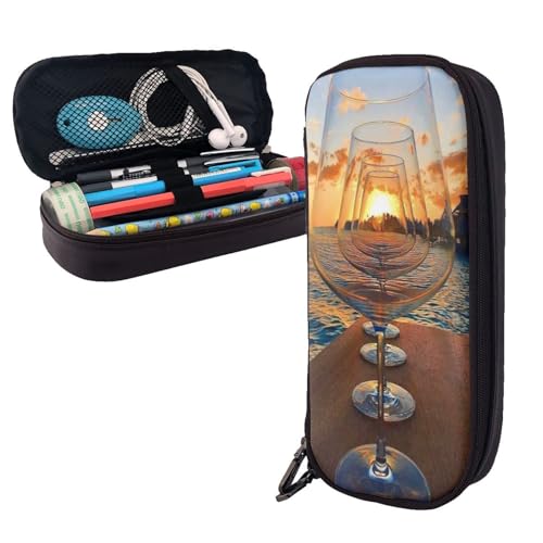Federmäppchen aus Leder, großes Fassungsvermögen, Federmäppchen, Weinglas im Sonnenuntergang, Doppelreißverschluss, Flip-Top-Stiftetui von POKIKKJH