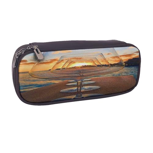 Federmäppchen aus Leder, großes Fassungsvermögen, Federmäppchen, Weinglas im Sonnenuntergang, Doppelreißverschluss, Flip-Top-Stiftetui von POKIKKJH