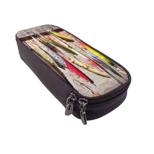 Federmäppchen aus Leder, großes Fassungsvermögen, Federtasche, Angelköder, Doppelreißverschluss, Flip-Top-Stiftetui von POKIKKJH