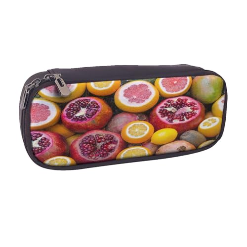 Federmäppchen aus Leder, großes Fassungsvermögen, Federtasche, Obstdruck, Doppelreißverschluss, Flip-Top-Stiftetui von POKIKKJH