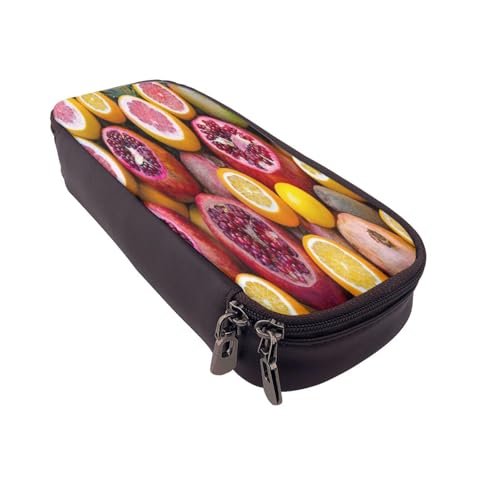 Federmäppchen aus Leder, großes Fassungsvermögen, Federtasche, Obstdruck, Doppelreißverschluss, Flip-Top-Stiftetui von POKIKKJH