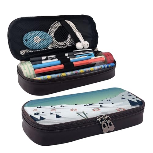 Federmäppchen aus Leder, großes Fassungsvermögen, Federtasche, Winterlandschaftsdruck, Doppelreißverschluss, Flip-Top-Stiftetui von POKIKKJH