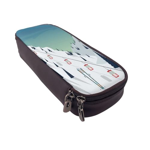 Federmäppchen aus Leder, großes Fassungsvermögen, Federtasche, Winterlandschaftsdruck, Doppelreißverschluss, Flip-Top-Stiftetui von POKIKKJH