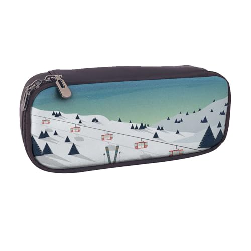 Federmäppchen aus Leder, großes Fassungsvermögen, Federtasche, Winterlandschaftsdruck, Doppelreißverschluss, Flip-Top-Stiftetui von POKIKKJH