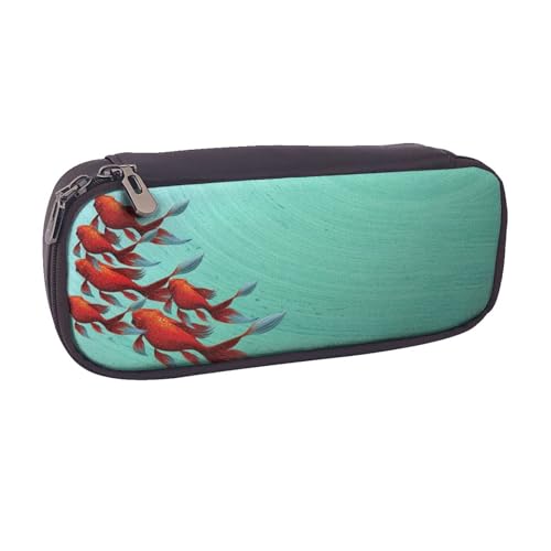 Federmäppchen aus Leder, großes Fassungsvermögen, Fisch-Druck, Doppelreißverschluss, Flip-Top-Stiftetui von POKIKKJH